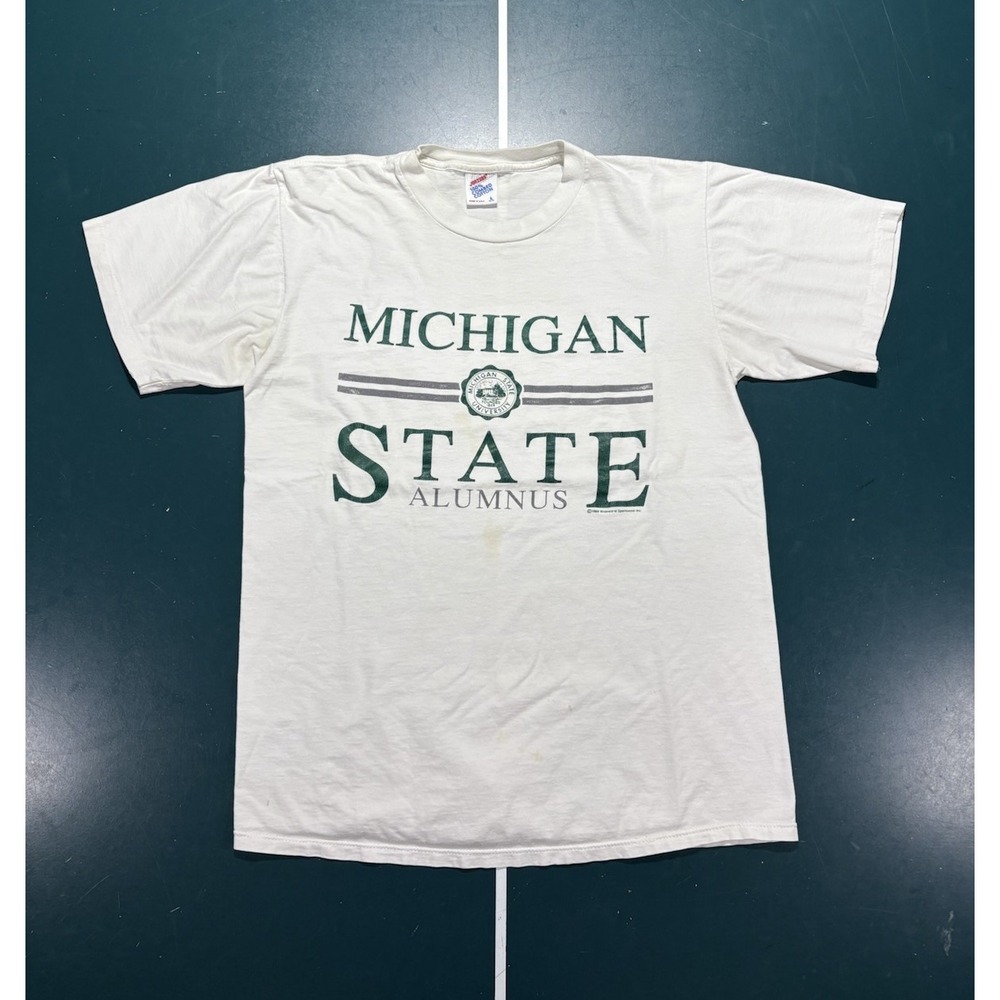 Vintage 80s Michigan State University Alumni T Shirt Medium White Green Stains*